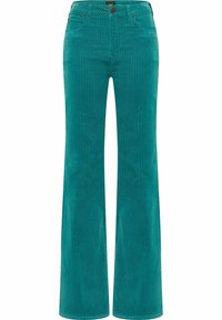 Teal korduroy kalhoty se širokými nohavicemi a vertikálními pruhy, zapínání na knoflík a design s pěti kapsami. Měkká textura a široký silueta nohavic.
