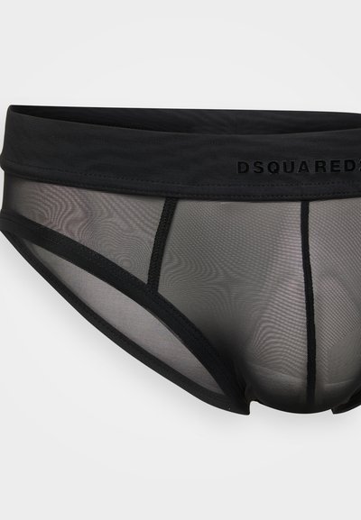 Čierne sieťované slipy s elastickým pásom so zadaným logom "DSQUARED"; obsahujú kontrastné švy a priliehavý strih.