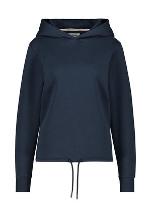 Haut à capuche bleu marine en matériau doux, doté d'un cordon de serrage à l'ourlet, de poignets côtelés et d'un design à coupe décontractée.