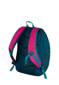 Modra in roza otroška nahrbtnik z oblazinjeno mrežasto hrbtno stranjo in nastavljivimi naramnicami, prikazan s hrbtne strani na belem ozadju.