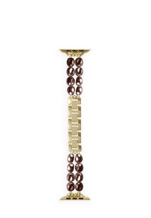 Correa de Apple Watch con dos filas de cuentas ovaladas de color marrón oscuro y una sección central de eslabones rectangulares de color dorado.