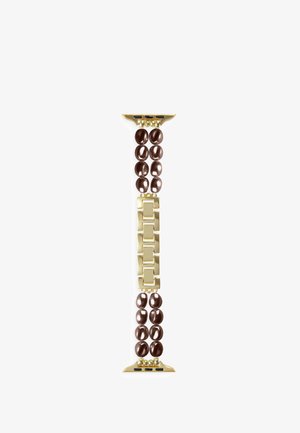 Cinturino per Apple Watch con due file di perline ovali marrone scuro e una sezione centrale di maglie rettangolari color oro.