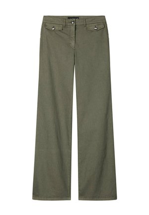 Weit geschnittene Hose in Olivgrün mit Knopf- und Reißverschluss, vorderen Klappentaschen mit Knopfdetails und Gürtelschlaufen.