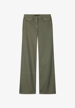 Weit geschnittene Hose in Olivgrün mit Knopf- und Reißverschluss, vorderen Klappentaschen mit Knopfdetails und Gürtelschlaufen.