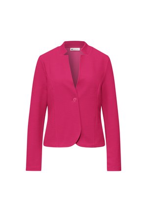 Růžové dámské sako z texturované látky, s dlouhými rukávy, zapínáním na jeden knoflík a bez límce.