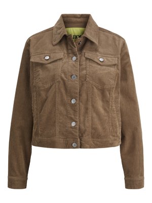 Veste en velours côtelé brun avec un design court, des boutons argentés, deux poches sur la poitrine et une doublure intérieure vert vif.