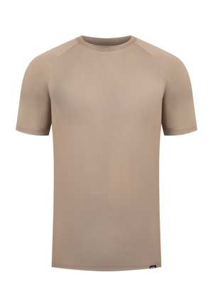 Camiseta de manga corta en color beige, fabricada con un tejido suave, con un cuello redondo clásico y mangas raglán. Sencilla, de un solo color y sin patrones.
