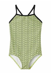 Groene swimsuit met zwarte accenten, voorzien van een herhalend tekstpatroon in het geel. Dunne bandjes en een klassieke badpakontwerp.