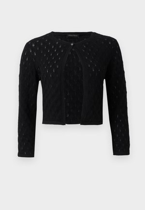 Svart strikket cropped cardigan med lange ermer, enkelt knappefeste og strukturert åpent mønster.