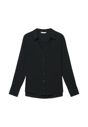 Camicia nera a maniche lunghe in tessuto liscio, con scollo a collo, chiusura con bottoni e orlo leggermente curvo.