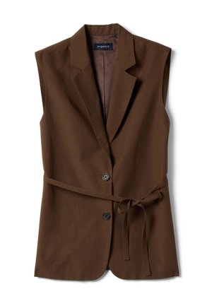 Blazer marrón sin mangas con solapas con muesca, dos botones delanteros y un cinturón de tela atado en la cintura.