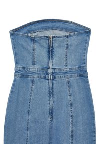 Helles blaues Denim-Kleid mit einem strukturierten Oberteil, das einen Reißverschluss hinten sowie genähte Details entlang der Nähte aufweist.