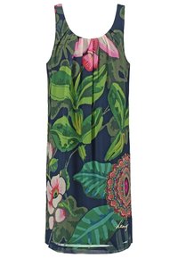 Robe sans manches avec un fond bleu marine foncé, de grandes feuilles vertes, des fleurs roses et blanches, et un motif floral circulaire multicolore.