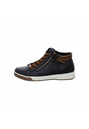 Baskets montantes en cuir marine avec des accents marron, design à lacets, fermeture éclair sur le côté et semelle en caoutchouc blanc avec un motif texturé.
