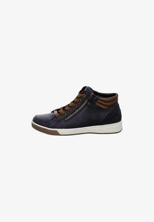 Marinefarbene High-Top-Sneaker aus Leder mit braunen Akzenten, Schnürdesign, seitlichem Reißverschluss und weißer Gummisohle mit strukturiertem Muster.