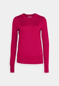 Fuchsia trui met lange mouwen gemaakt van zacht materiaal, met een ronde hals, geribbelde manchetten en een rechte zoom met een subtiel logodetail.