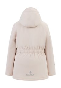 Světle růžová, voděodolná bunda s kapucí, elastickým páskem v pase a detailem loga na spodní části. Hladká textura, dlouhé rukávy, jednoduchý design.