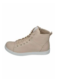 Beige leather high-top sneakers with white rubber sole, featuring metal eyelets and a tongue tab for easy wear. Textured surface detail.