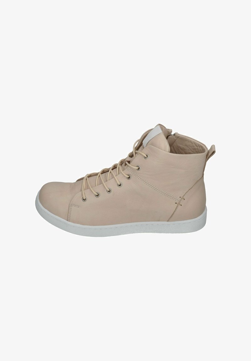 Beige leather high-top sneakers with white rubber sole, featuring metal eyelets and a tongue tab for easy wear. Textured surface detail.