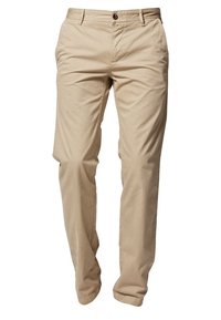Beiga bomullsbyxor med rak benform, en knappstängning och två sidofickor med en mjuk textur.
