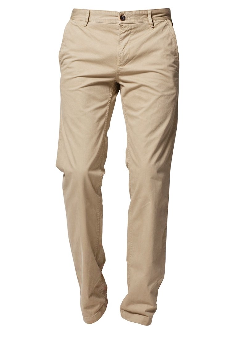 Beiga bomullsbyxor med rak benform, en knappstängning och två sidofickor med en mjuk textur.