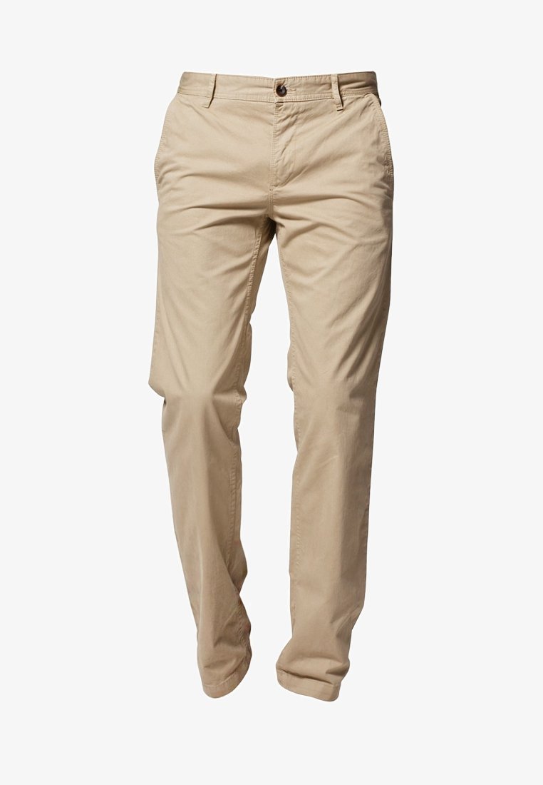 Beiga bomullsbyxor med rak benform, en knappstängning och två sidofickor med en mjuk textur.