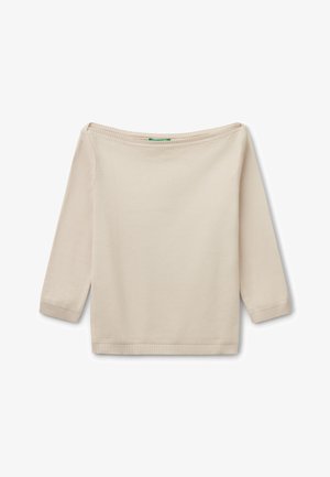 Off-shoulder cream sweater with three-quarter sleeves. Made of soft fabric, featuring a ribbed neckline and hem. No patterns or accents.