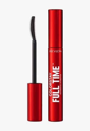 Revlon Colorstay Full Time mascara in a red tube with black text. Includes a curved black applicator brush for precise application.