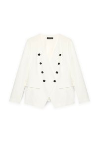 Blazer bianco doppiopetto con bottoni neri a forma di rosa, revers a punta e due tasche frontali. Texture liscia e vestibilità su misura.
