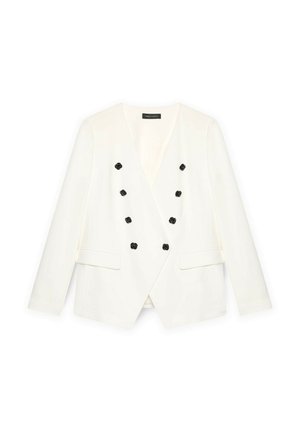 Blazer bianco doppiopetto con bottoni neri a forma di rosa, revers a punta e due tasche frontali. Texture liscia e vestibilità su misura.