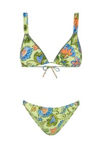 Trojuholníkový bikiny set v svetlozelenej látke s kvetinovým vzorom v modrej a oranžovej farbe. Viazanie vpredu na strede a po stranách. Mäkká textúra.