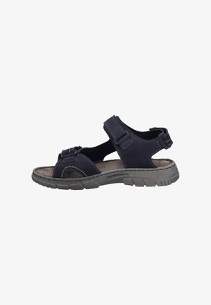 Men's dark blue sandal made of suede with adjustable straps, padded insole, and a textured rubber sole for traction.