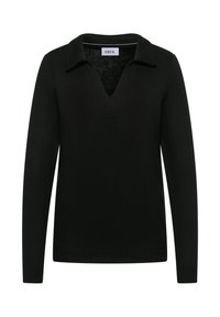 Polo negro de manga larga con escote en V y cuello. Fabricado con un tejido texturizado, que presenta un sutil patrón de punto y un ajuste relajado.