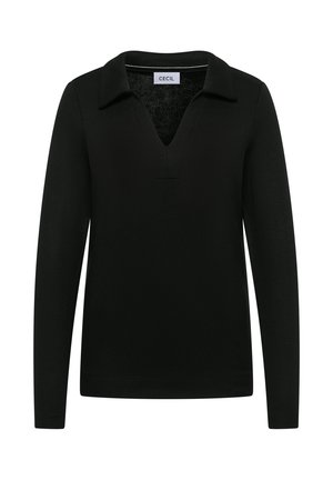 Sort langærmet polo-shirt med V-hals og krave. Fremstillet af tekstureret stof, med et subtilt strikket mønster og en afslappet pasform.
