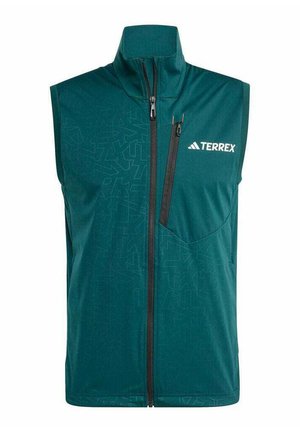 Green sleeveless vest made of soft fabric featuring a geometric pattern, a high collar, a front zipper, and a chest pocket with zipper.