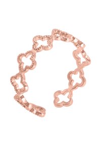 Roségoldenes offenes Ringdesign mit miteinander verbundenen Blumenelementen, strukturierten Kanten und glatten Flächen für ein zartes, filigranes Design.