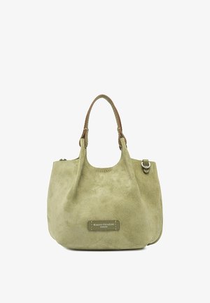 Kleine olijfgroene suède handtas met bruine leren handvatten en zilveren gespsluiting, merklabel Gianni Chiarini aan de voorkant.