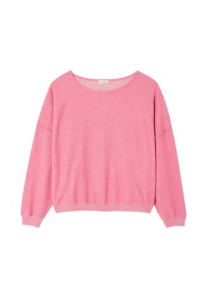 Rozā garroku džemperis, izgatavots no mīksta, teksturēta auduma. Aprīkots ar apaļu kakla izgriezumu un savāktiem elementiem piedurknēs. Ikdienišķa dizaina.