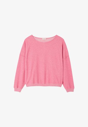 Rozā garroku džemperis, izgatavots no mīksta, teksturēta auduma. Aprīkots ar apaļu kakla izgriezumu un savāktiem elementiem piedurknēs. Ikdienišķa dizaina.