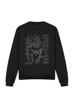 Schwarzer langärmliger Sweatshirt mit Spider-Man, der in einem Spinnennetz kauert, und dem Text "Spider-Man" entlang der rechten Seite in Grau.