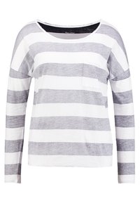 Dlouhý rukáv pruhovaná košile v bílé a světle šedé barvě, s kulatým výstřihem a malou kapsičkou na levé hrudi. Měkká textura.