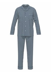 Ensemble de pyjama en coton rayé bleu marine et blanc, comprenant un haut à boutons avec une poche poitrine et des manches longues, ainsi que des pantalons assortis avec des poignets.