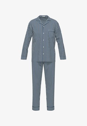 Gestreiftes Baumwoll-Pyjama-Set in Marineblau und Weiß, bestehend aus einem knöpfbaren Oberteil mit einer Brusttasche und langen Ärmeln sowie passenden Hosen mit Bündchen.
