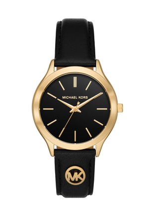 Michael Kors ur i guldtone med sort urskive, gyldne timeindikatorer og visere, sort læderrem med gyldent MK-logo.