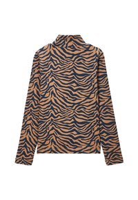 Top à manches longues en tissu côtelé, avec un motif rayé tiger en marron et bleu marine. Design à col montant avec une silhouette ajustée.