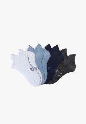 Pack of eight ankle socks in white, light blue, dark blue, navy, and grey. Cotton blend, ribbed cuffs, with brand logo on each.