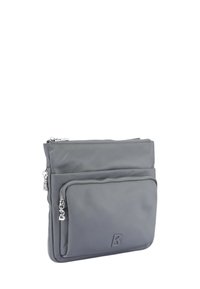 Gray textile bag with two zippered compartments, smooth texture, and a visible logo on the front. Silver zipper hardware accents.