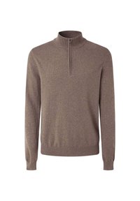 Maglione con zip al collo di colore marrone, realizzato in morbido tessuto a maglia, caratterizzato da maniche lunghe e polsini a costine, con una texture liscia e un design semplice.