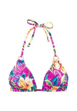 Florales Bikinioberteil mit lebhaftem pinkfarbenem Hintergrund, verziert mit gelben und blauen Blumen. Dreieckige Cups, verstellbare Schnüre und goldene Akzente.