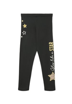 Leggings neri con disegni di stelle dorate e bianche sulla gamba sinistra e la frase "Glow like a STAR" in testo dorato e bianco sulla gamba destra.
